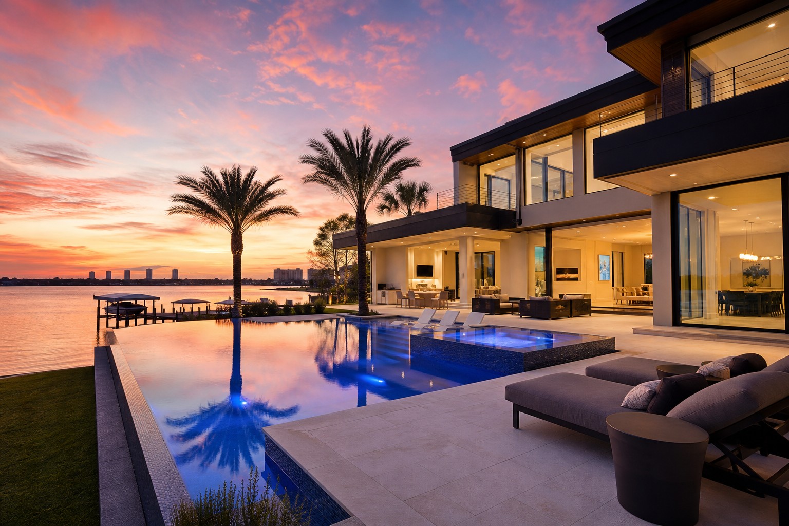 Waterfront home at dusk in Central Florida